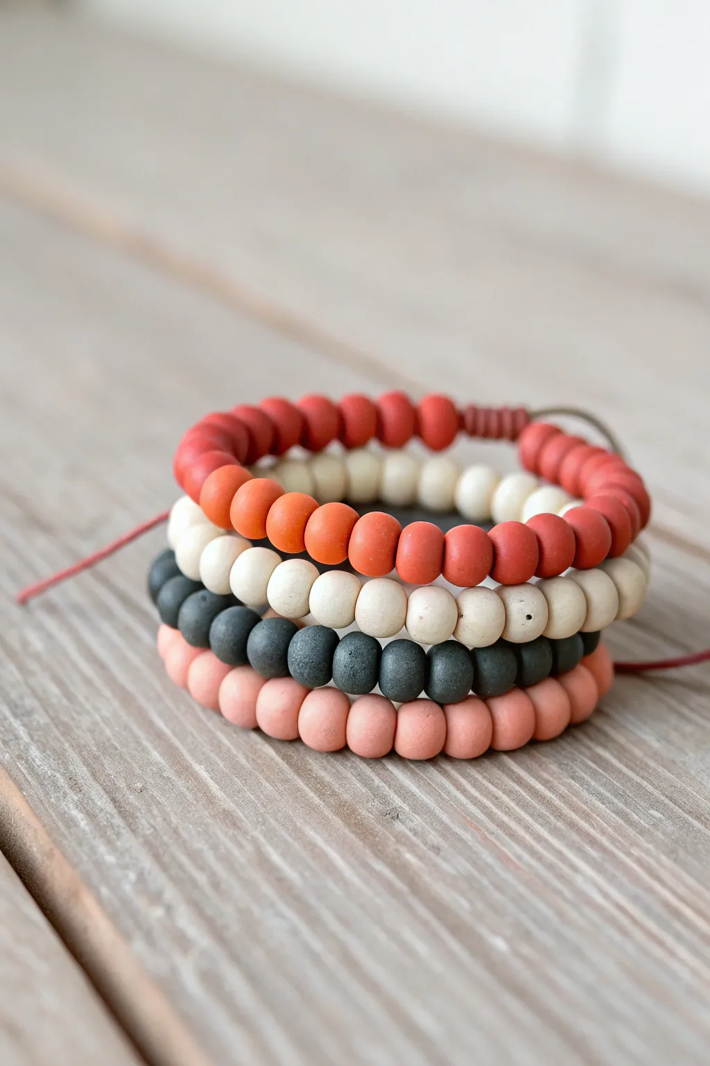 Mini holiday clay bead bracelet stack in bold seasonal colors, simple, cozy, and handmade.