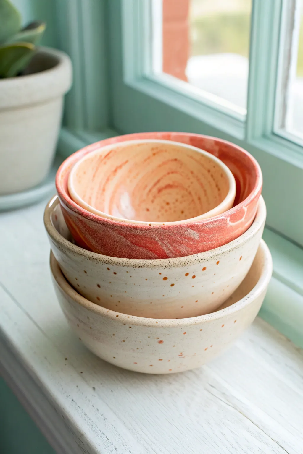 Nesting mini clay bowls in bold coral, speckle, and marbled finishes for a simple chic set