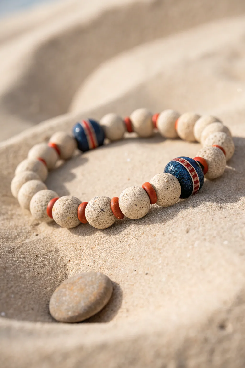 Stamped air-dry clay bead bracelet with cozy texture and bold color on a minimalist backdrop