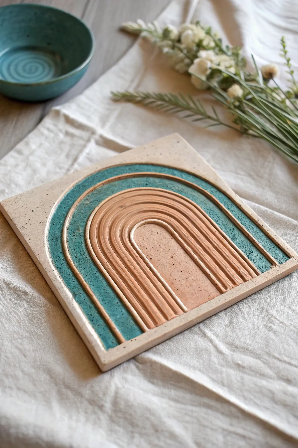 Low relief layered slab tile with simple carved lines and a bold boho color pop for beginners