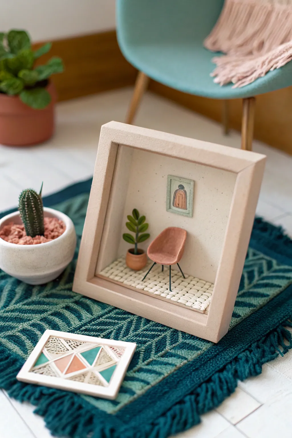 Mini clay room shadowbox tile with chair, plant, and rug, a cozy shelf accent in bold tones.