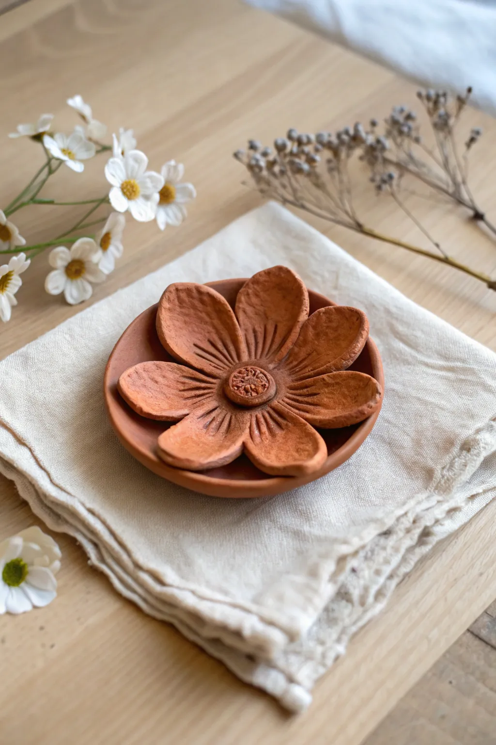 Pressed-vein clay flower with bold cobalt center, a simple Scandinavian-boho finish for easy projects