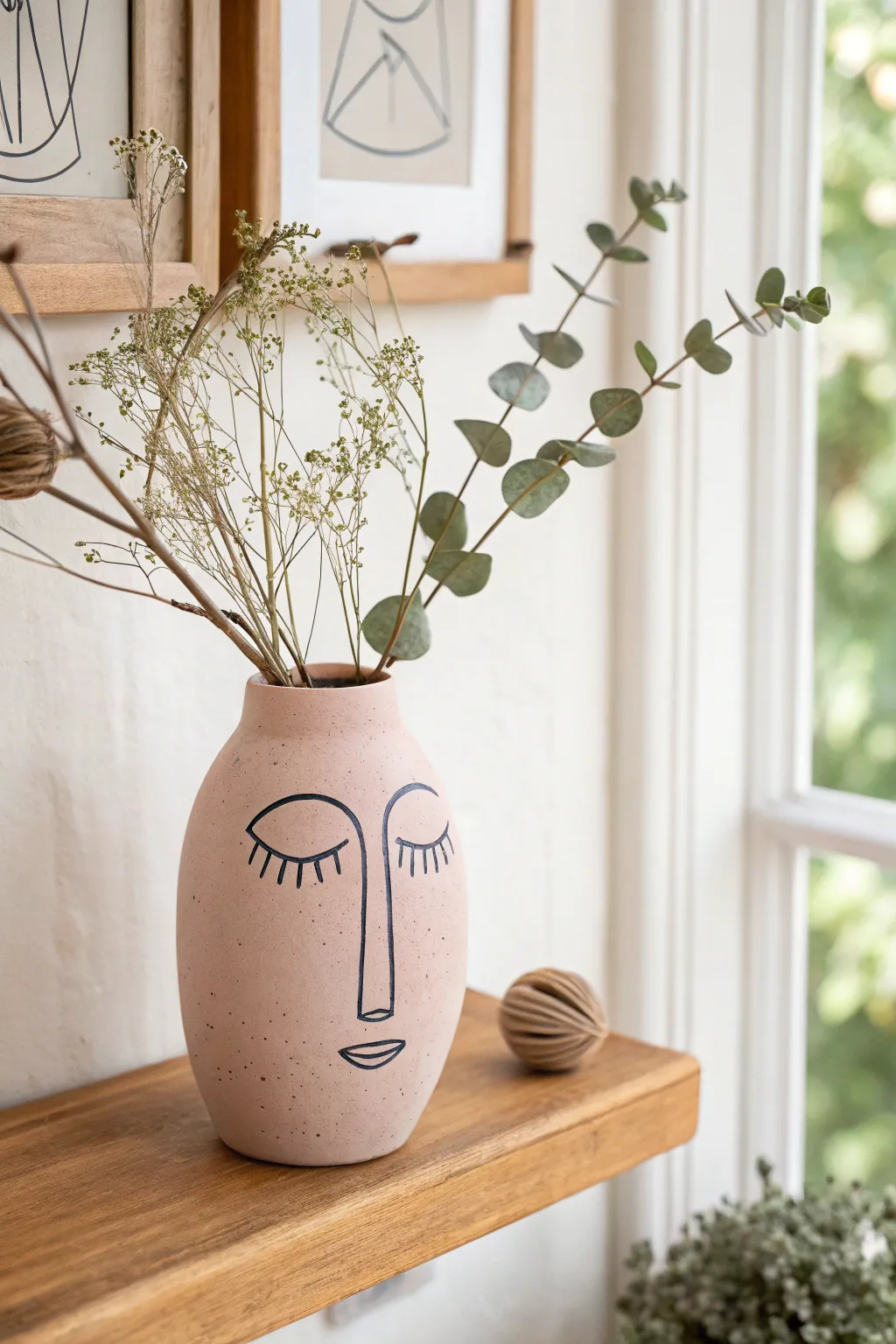Minimalist abstract face vase in blush clay with bold indigo lines and a few airy stems
