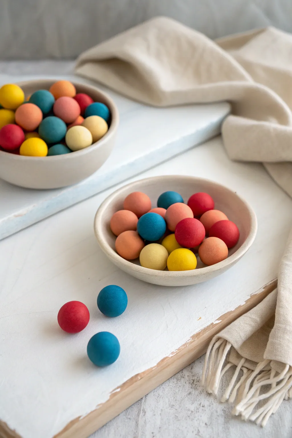 Rainbow clay balls in neat color groups, a simple preschool sorting activity with bold charm.