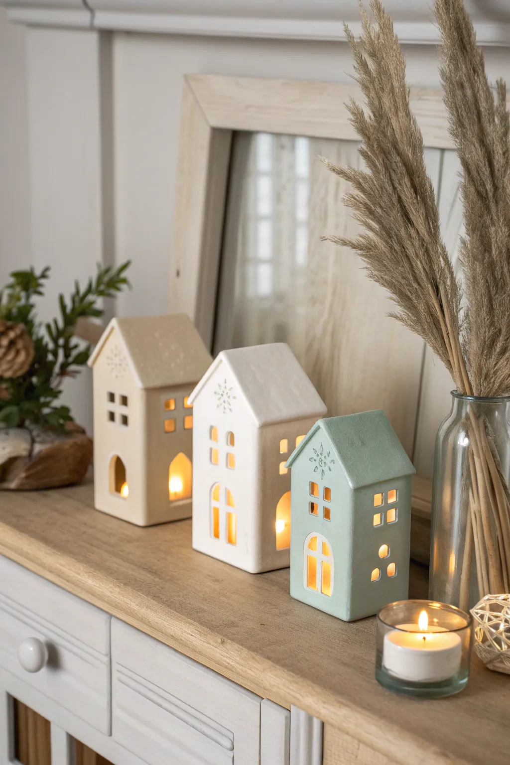 Mini house clay lantern trio glowing warmly, simple Scandinavian lines with a cozy boho touch.