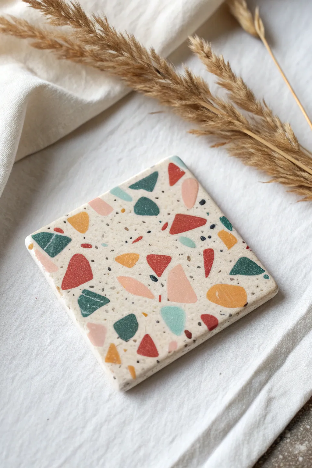 Terrazzo tile magnets in soft boho tones, a simple clay DIY with bold Scandinavian flair