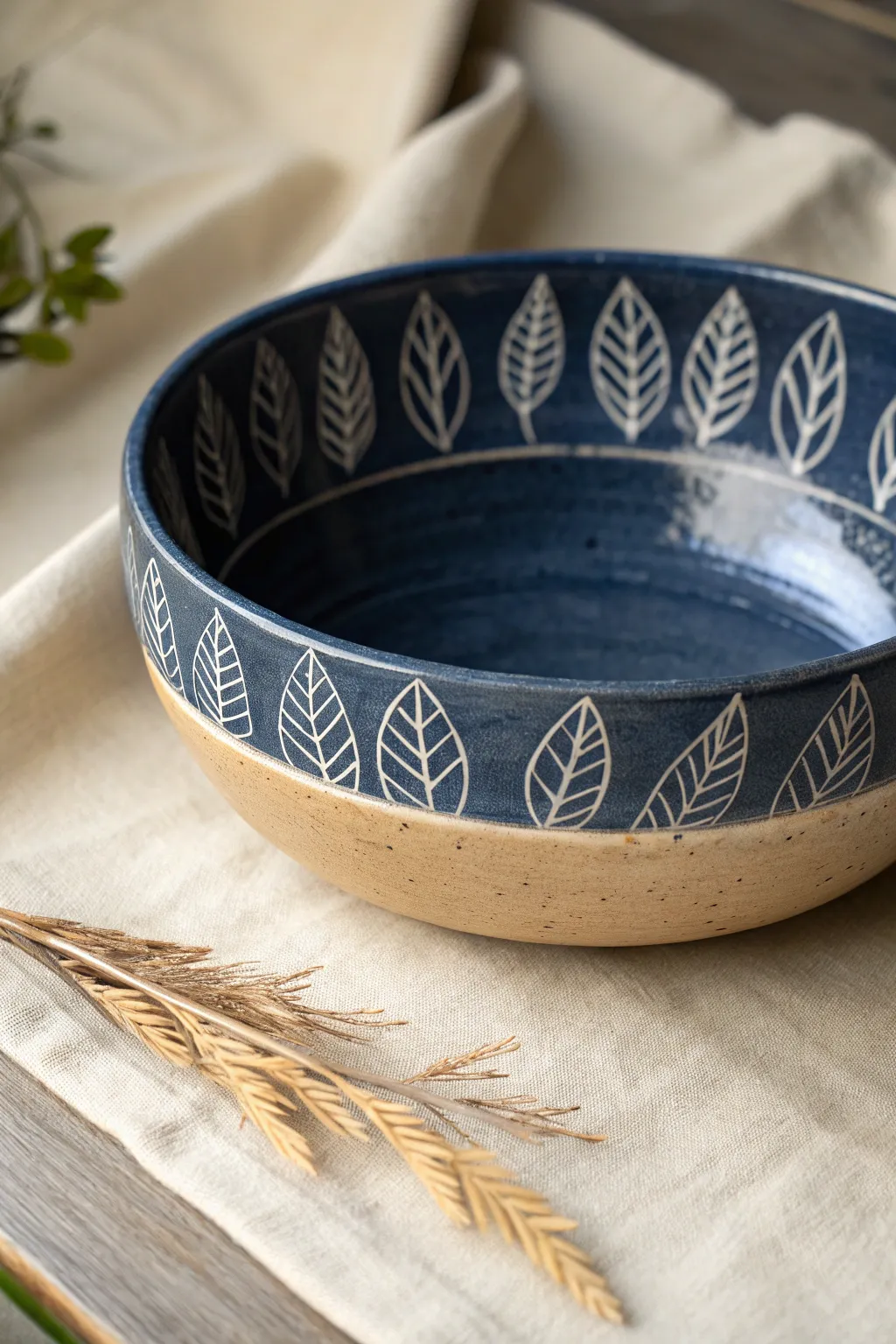 Easy scratch-back sgraffito: bold indigo dish with simple lines revealing a creamy clay base.
