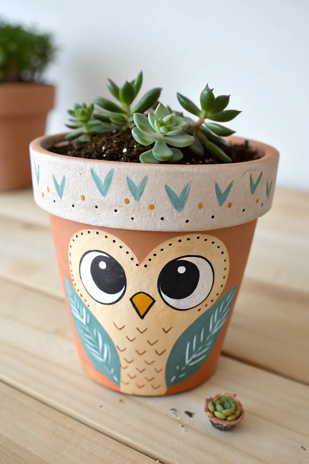 Beginner friendly owl face terracotta planter with bold eyes and a fresh little succulent