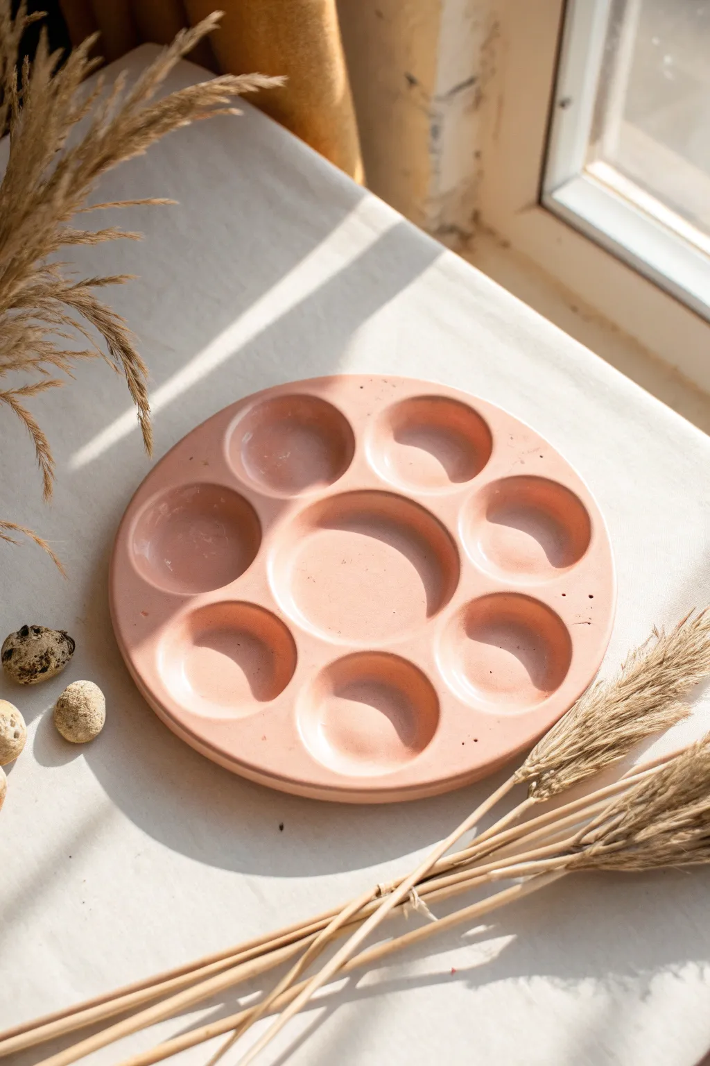 Minimal handmade clay paint palette with wells in bold coral, clean and fresh for easy DIY pottery