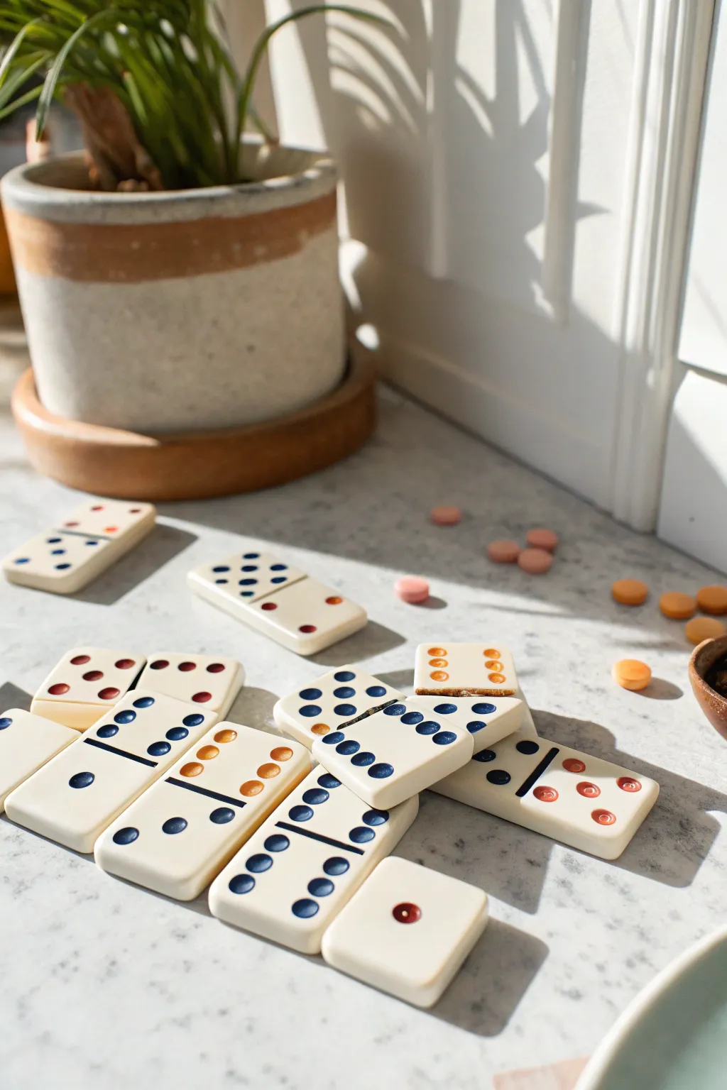 Handmade clay dominoes in bold boho hues, scattered on white for a chic minimalist DIY.