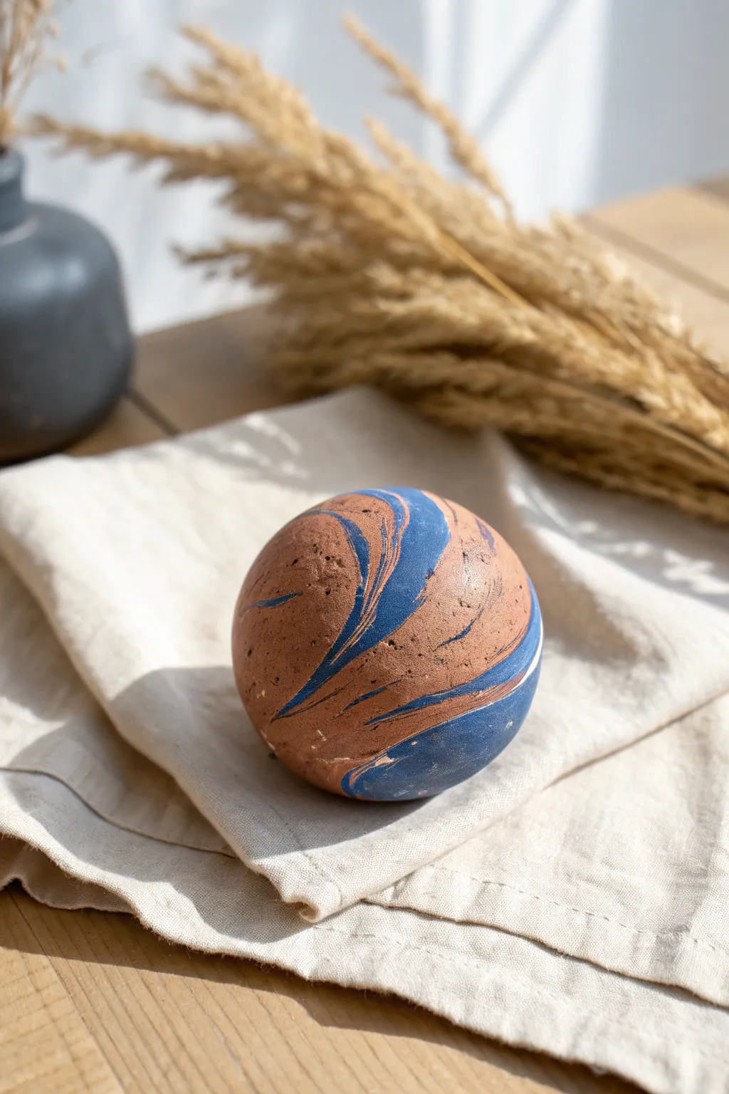 Two-tone marbled clay rattle ball with bold swirls, minimal and handmade for modern nurseries.