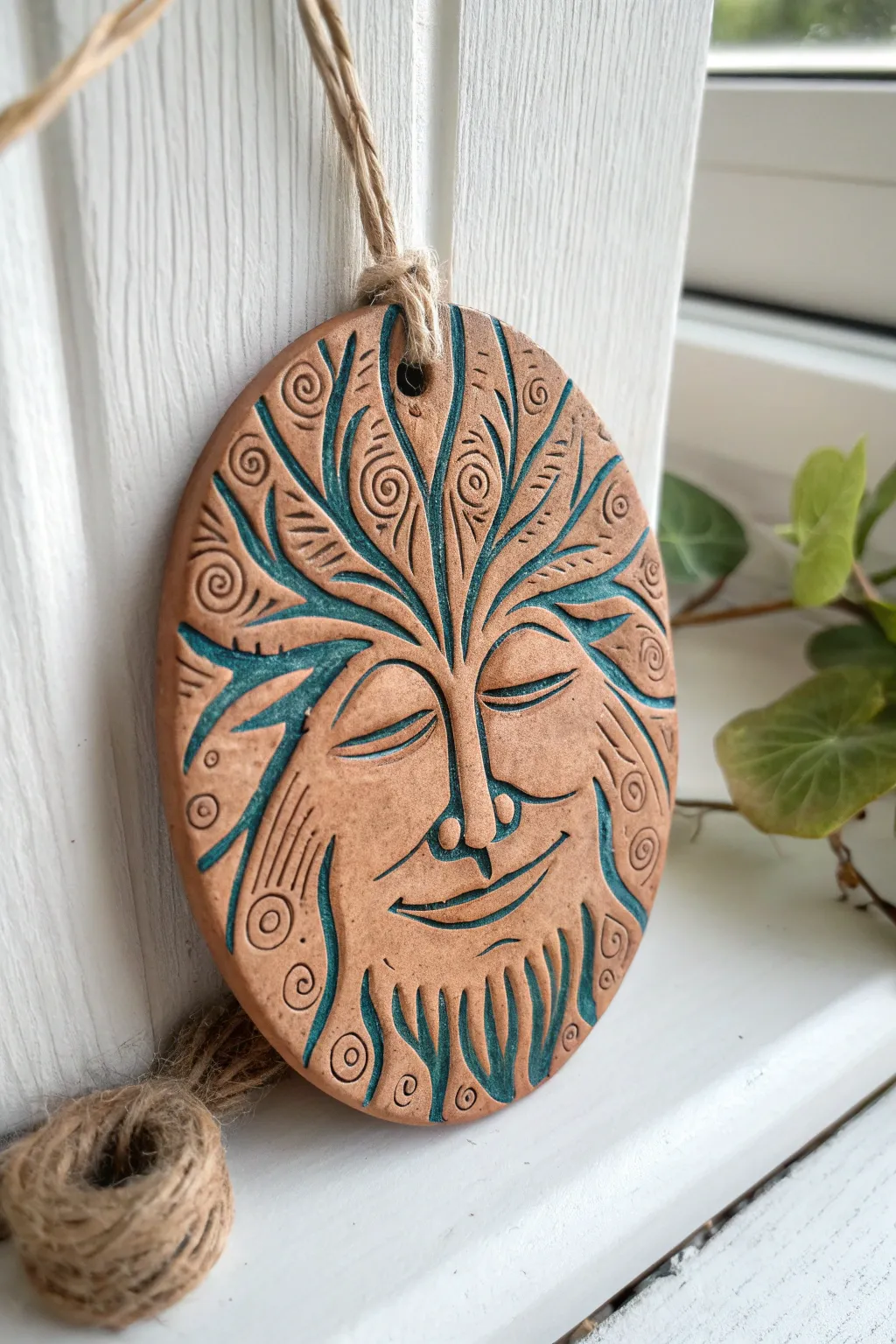 Easy tree spirit wall charm: a simple textured clay face plaque with bold contrast and cozy boho feel