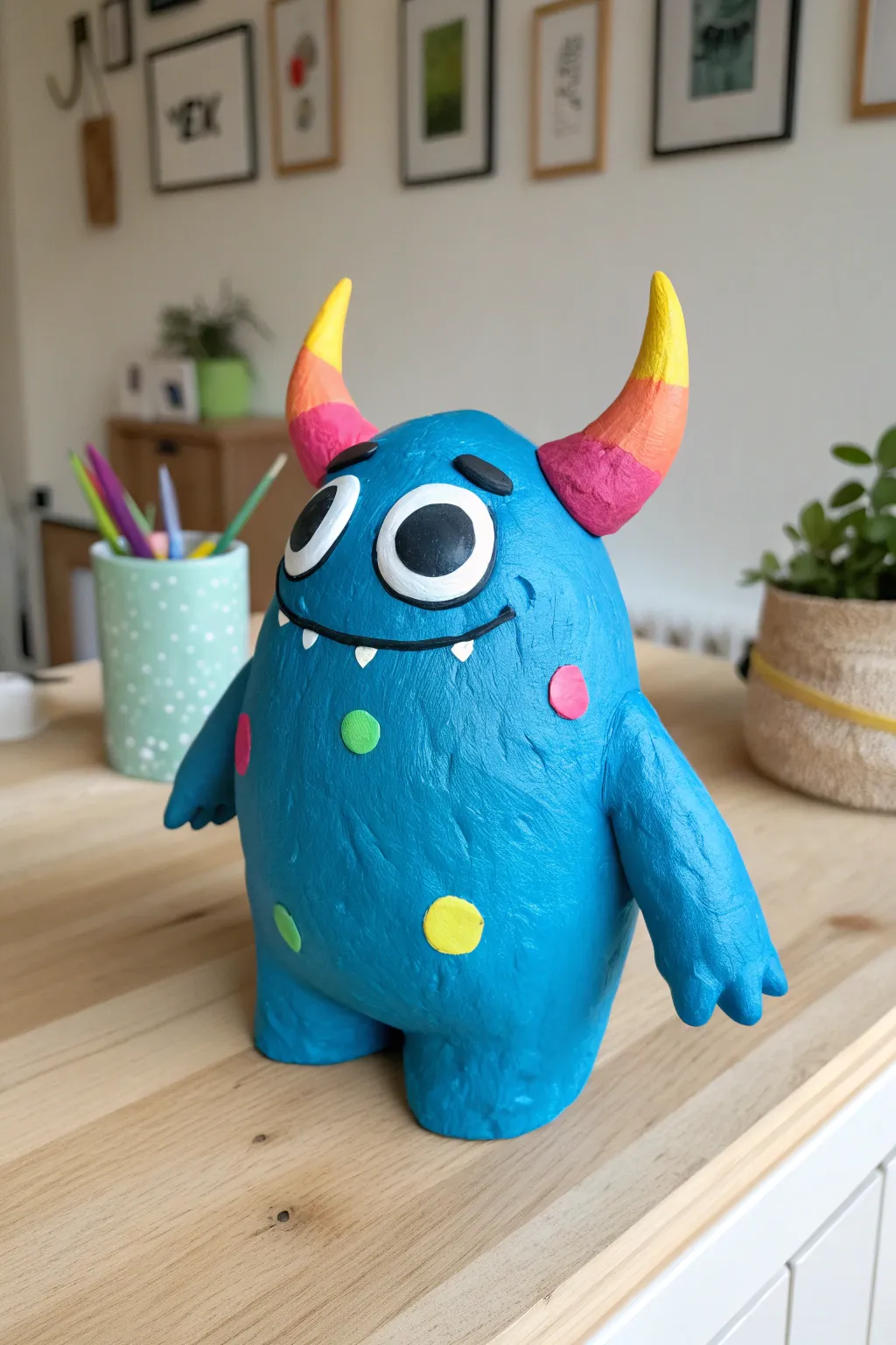 One-eyed clay monster in bold colors, mismatched horns and arms, perfect for kid fun.