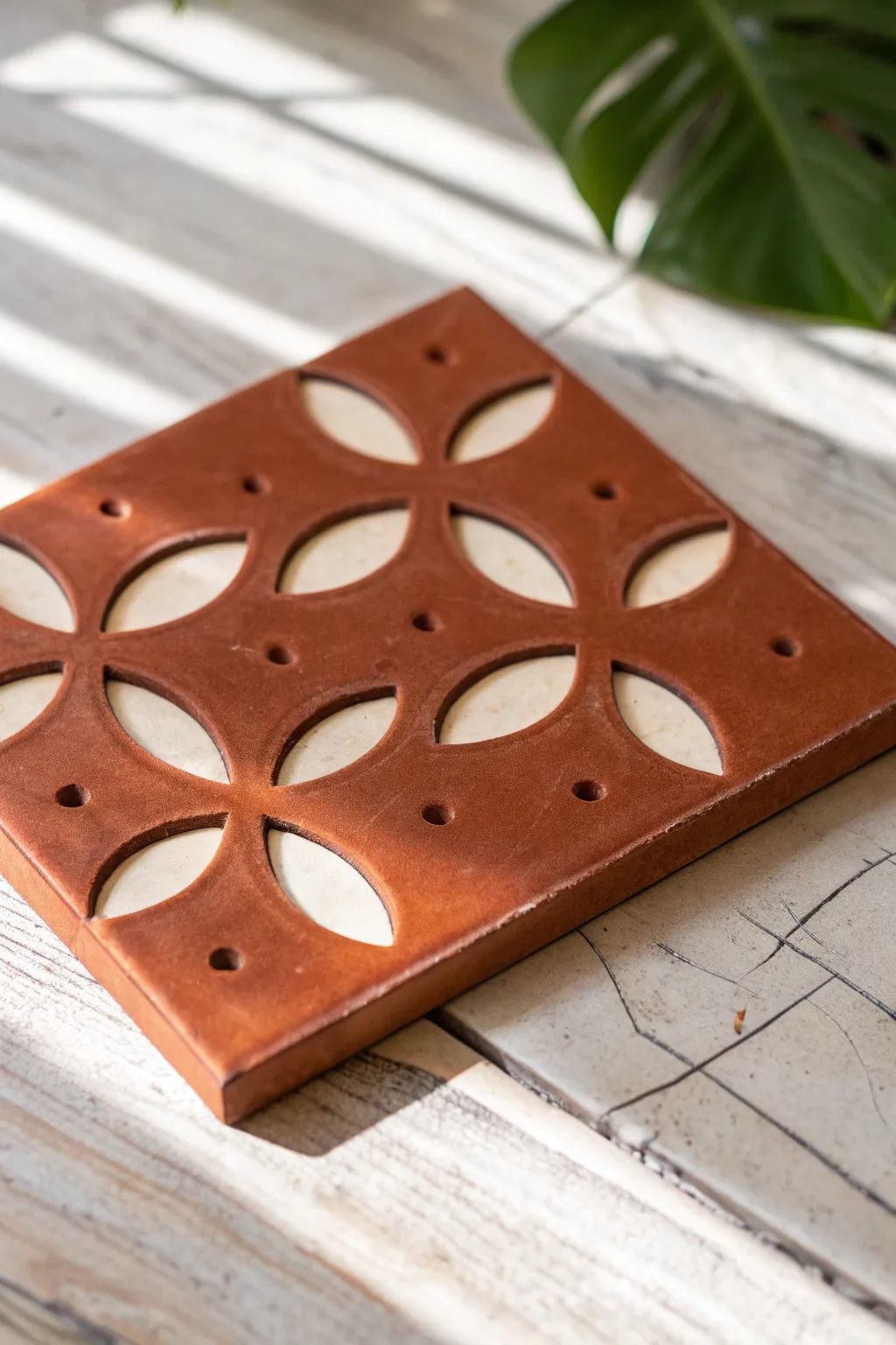 Clean negative-space stamp pattern on a terracotta tile, minimalist boho and easy to recreate.