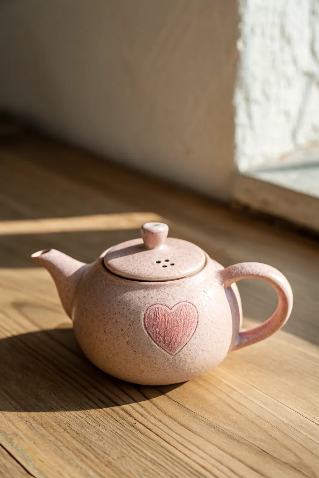 Easy heart-accent clay teapot in blush and berry tones, minimalist and boho chic