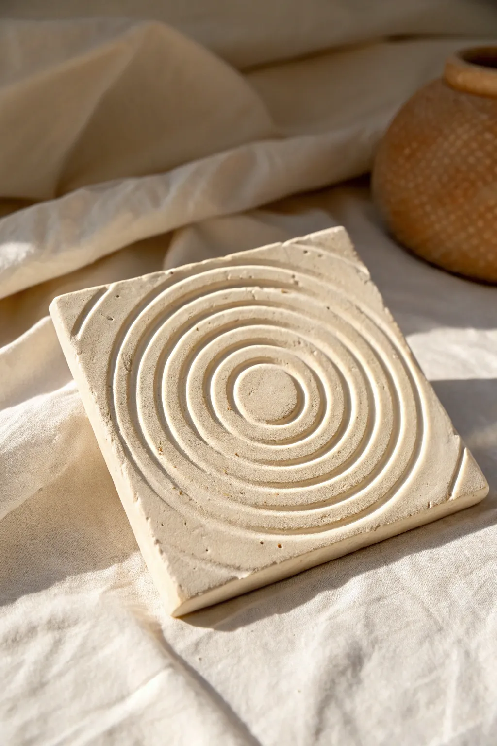 Simple concentric circle tile in bold clay tones, minimalist and perfectly symmetrical.