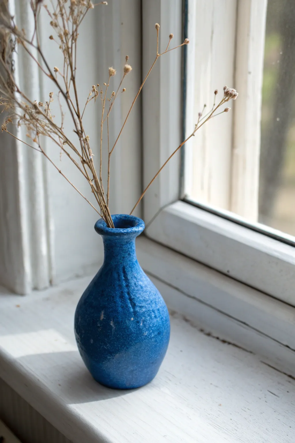Mini air-dry clay bud vase on a sunny sill, a simple boho accent with bold color.