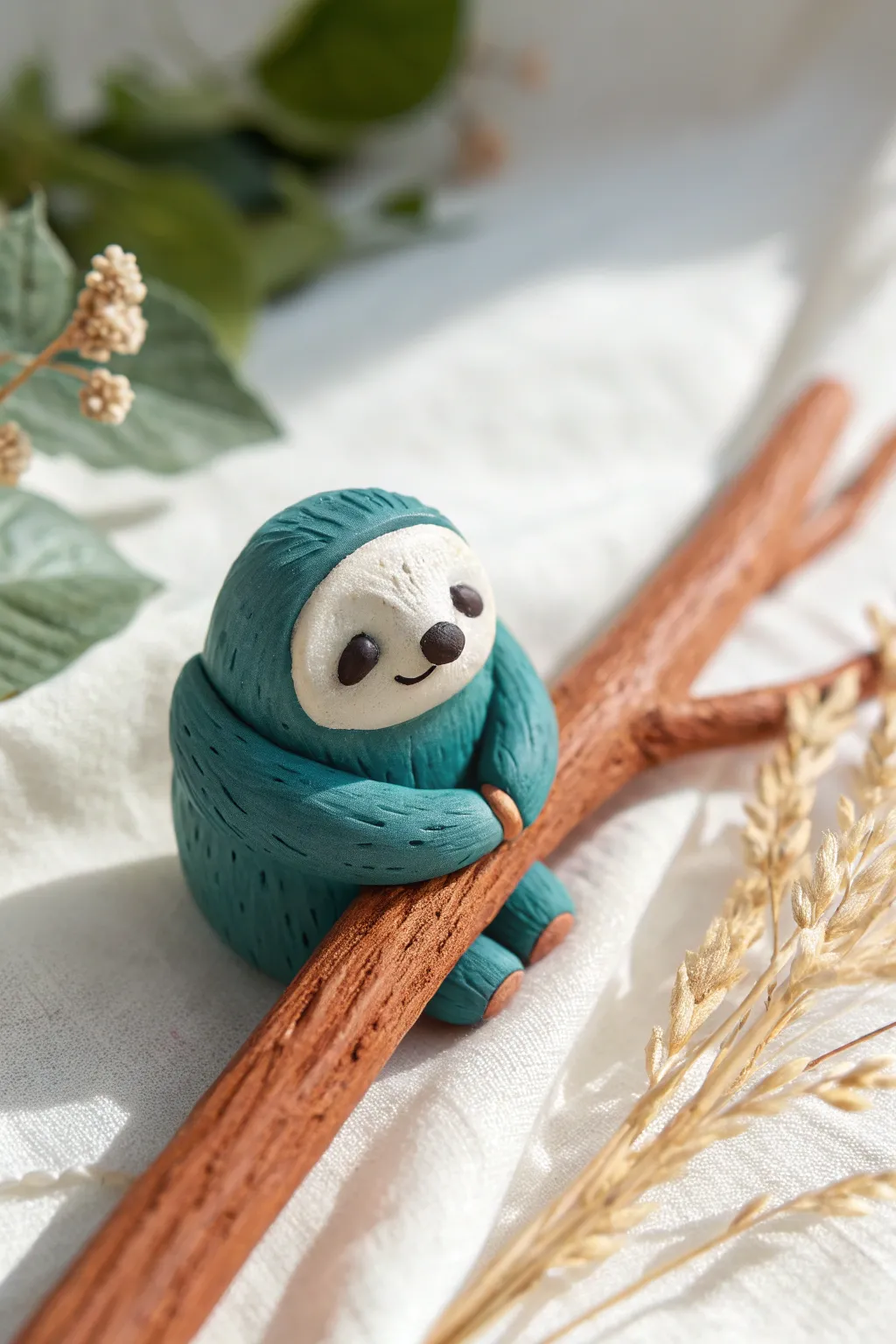 Tiny clay sloth hugging a branch, simple shapes and bold color for an easy beginner figure