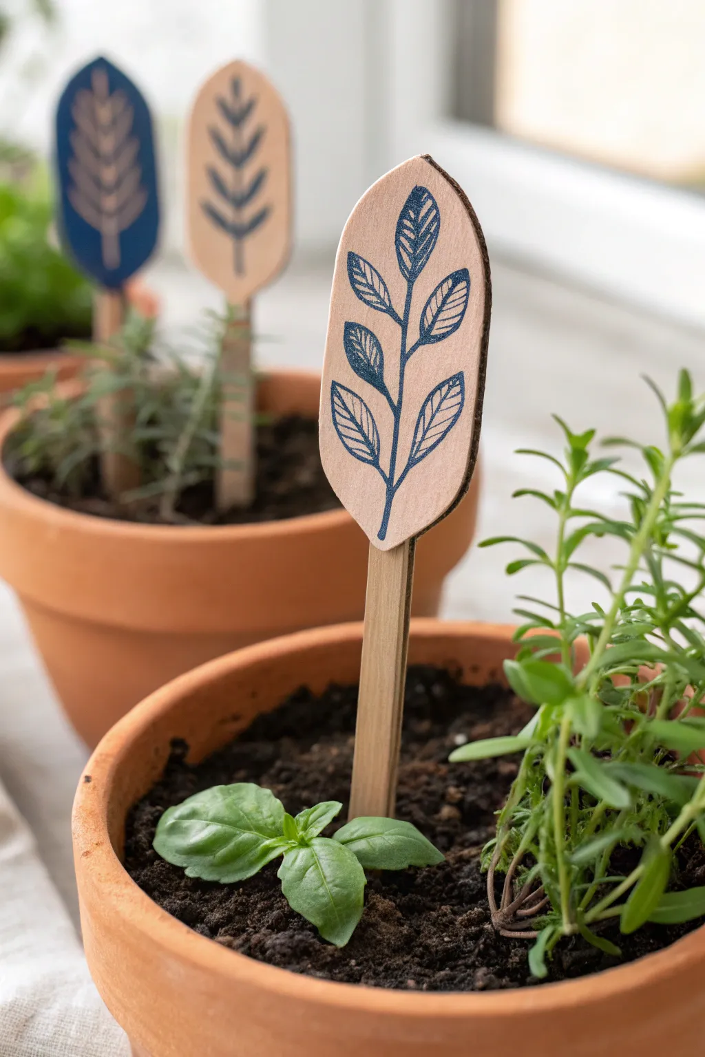 Simple clay herb marker stakes with a bold terracotta pop, perfect for a minimalist planter