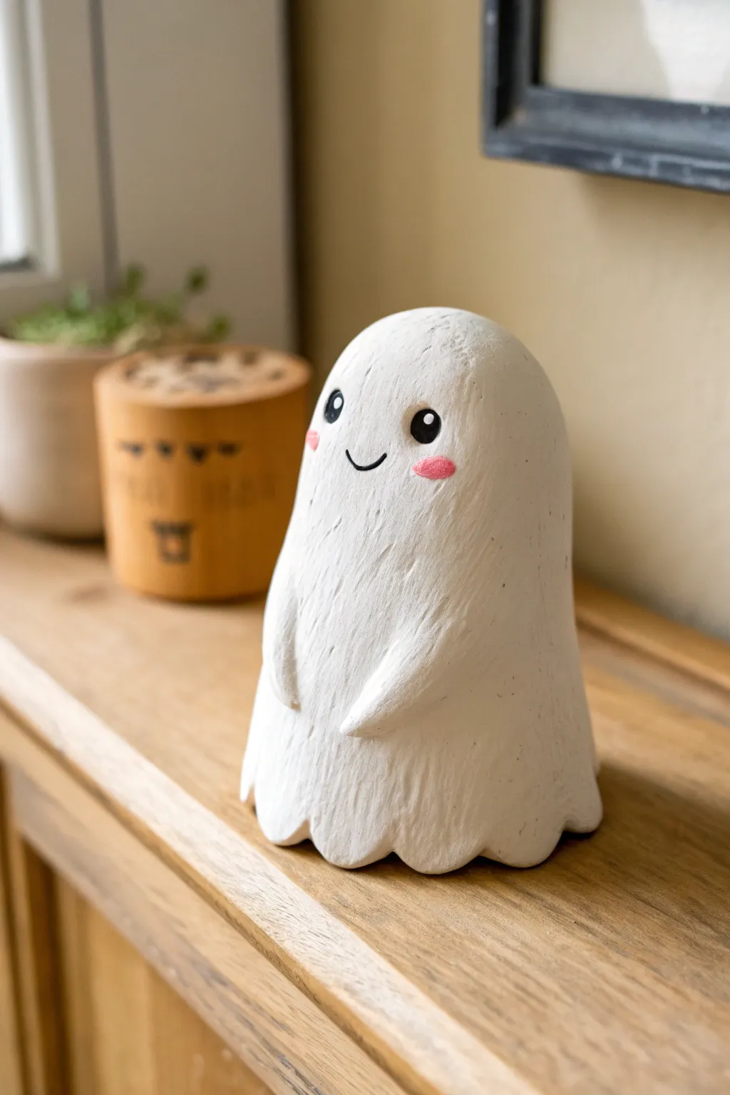 Tiny ghost shelf buddy in smooth matte clay with blush cheeks, cute, minimal, and easy to make.