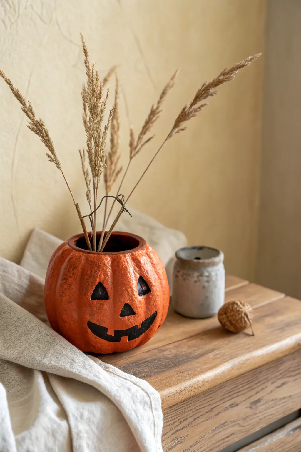 Bold little pumpkin bucket planter with dried stems, a minimalist Halloween desk accent