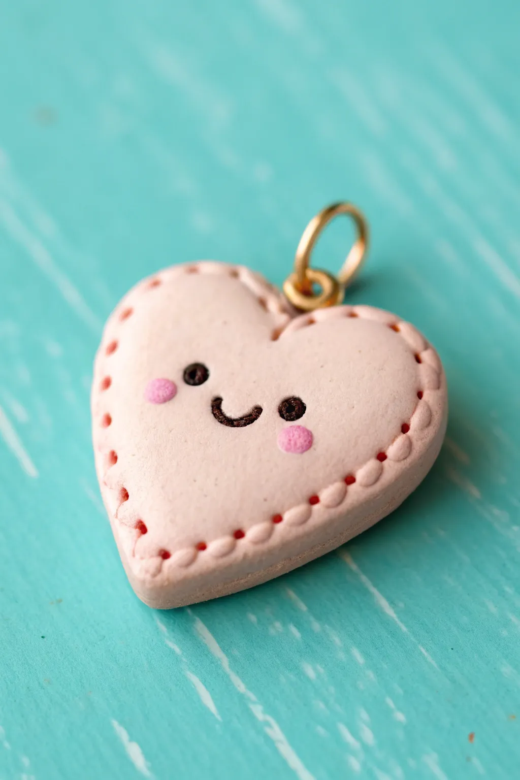 Blushing heart locket charm with a kawaii face, minimalist boho style, and bold color contrast.