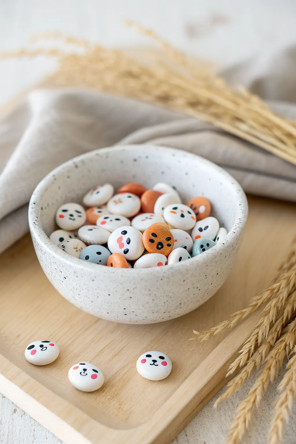 Stackable bean characters in a minimalist bowl, bold colors and simple animal faces for easy clay fun