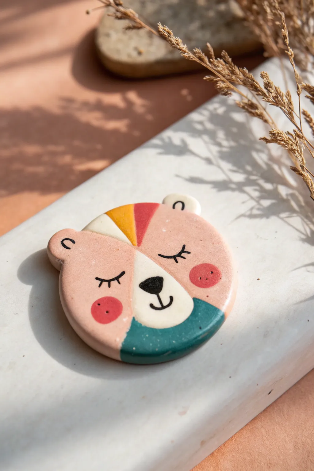 Bold, minimal animal face magnet with a flat back, a cute and easy molding clay fridge idea