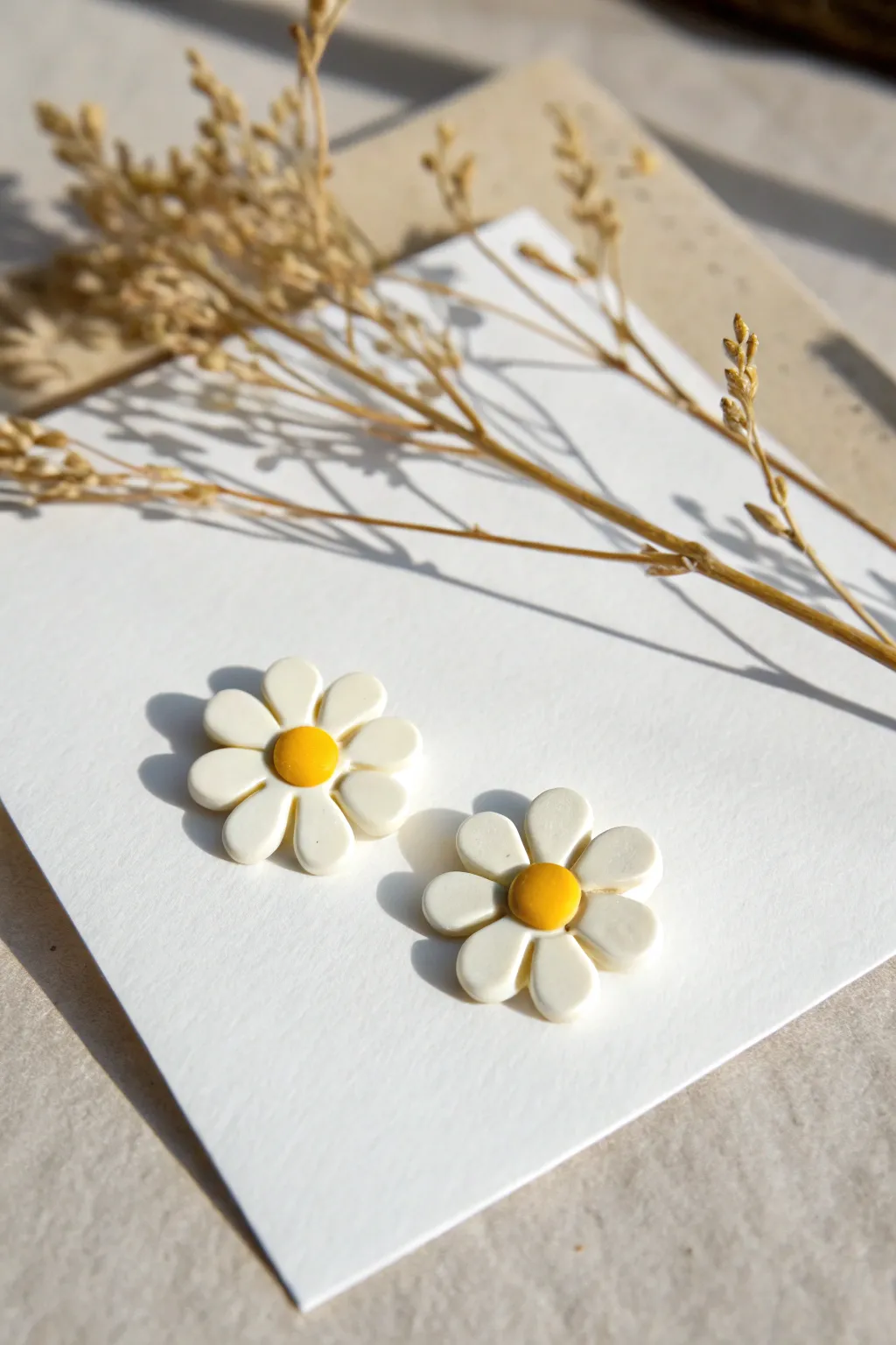 Simple DIY daisy studs in bold clay colors, crisp and minimal on clean card stock.
