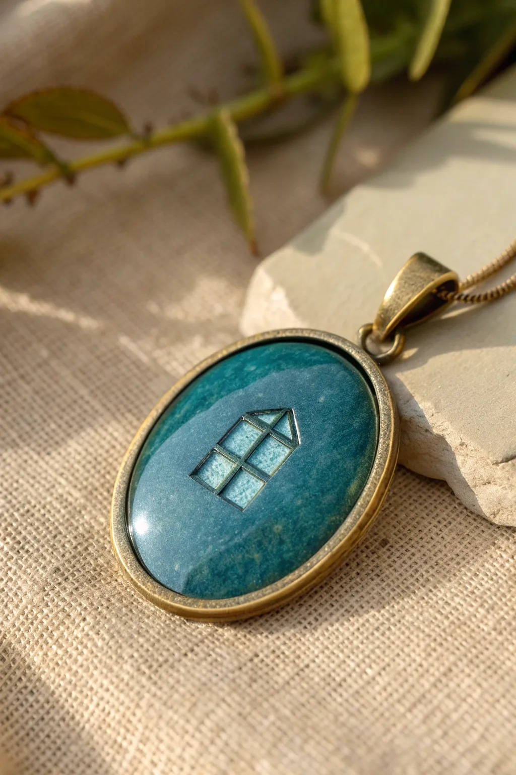 Bold teal epoxy clay bezel pendant with an embedded paper window, cleanly sealed and minimalist