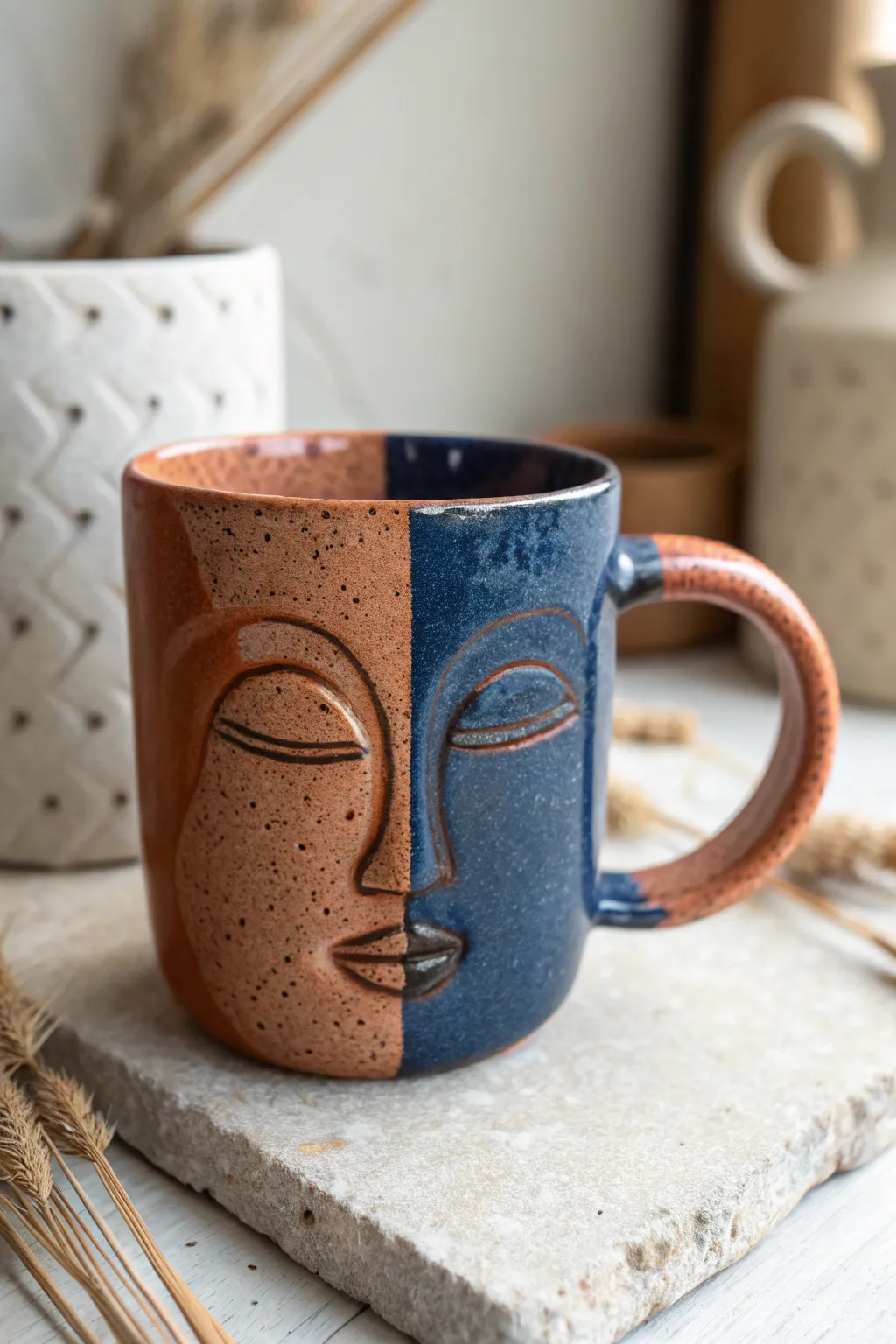 Bold split-face mug in earthy color blocks, minimalist boho vibe and handmade charm.