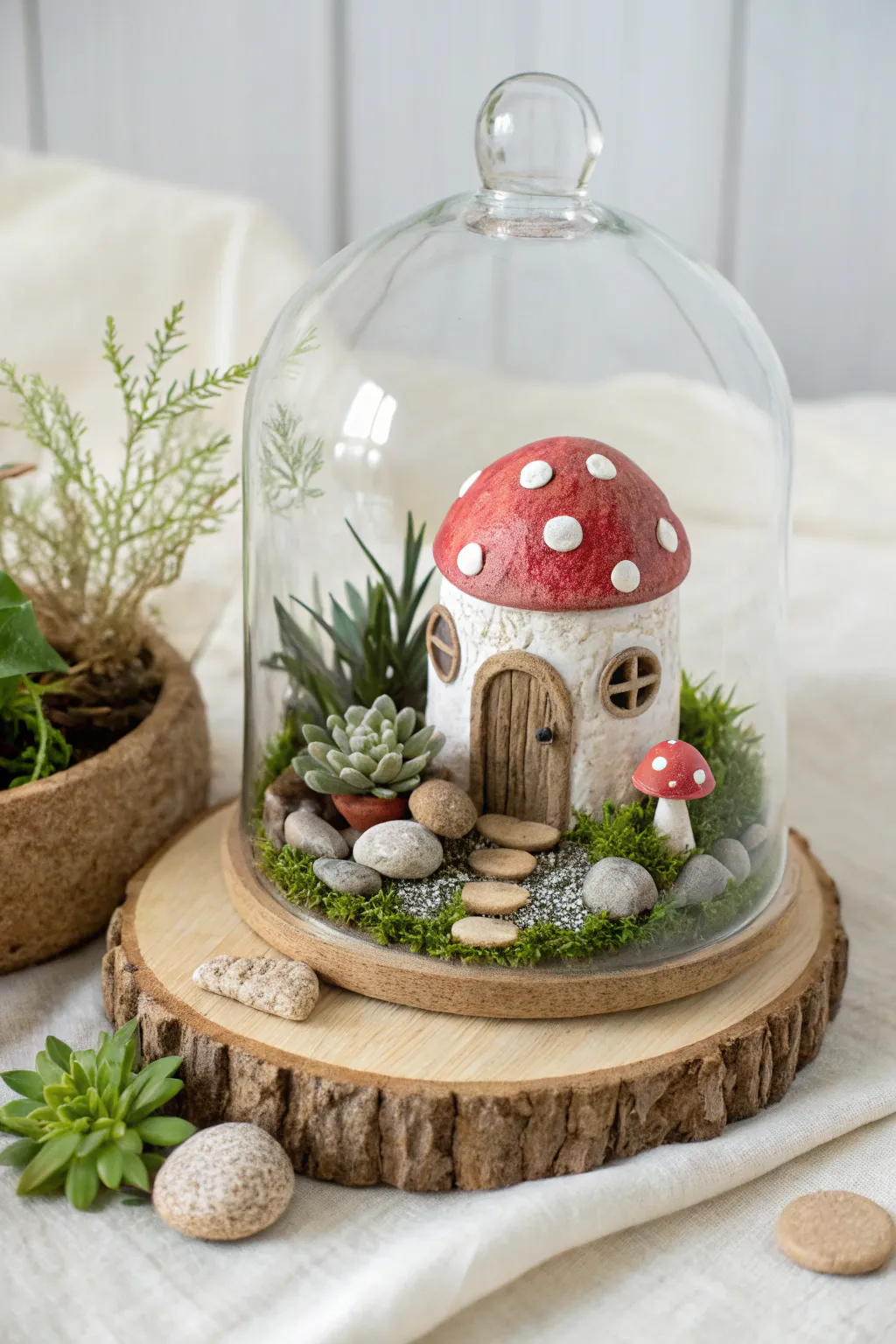 Mini fairy garden terrarium with handmade clay cottage and mushrooms, calm Nordic boho vibe