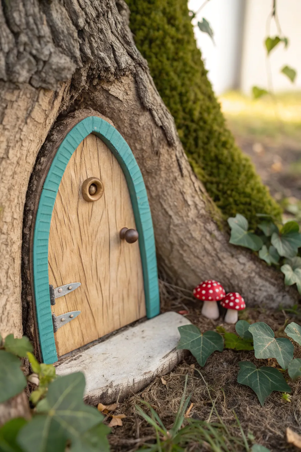 A secret clay fairy door tucked into tree bark, framed by leaves and tiny mushrooms.