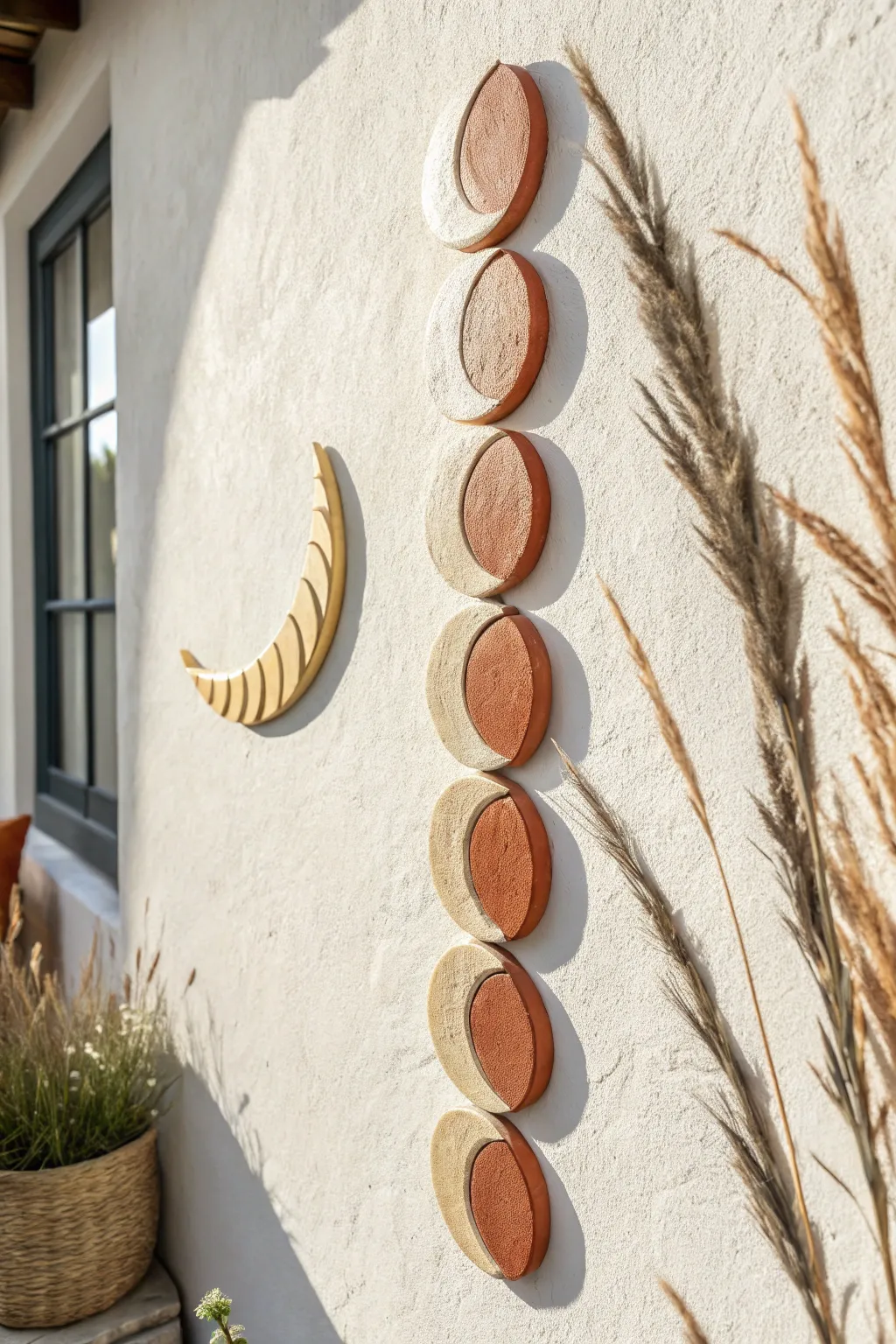 Warm terracotta moon phase tiles with soft gold accents for minimalist fall wall decor