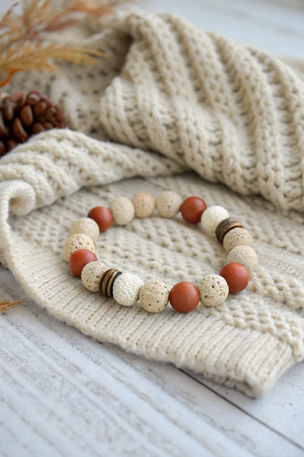 Warm taupe sweater-texture clay beads with creamy heishi accents, styled on cozy knit fabric.