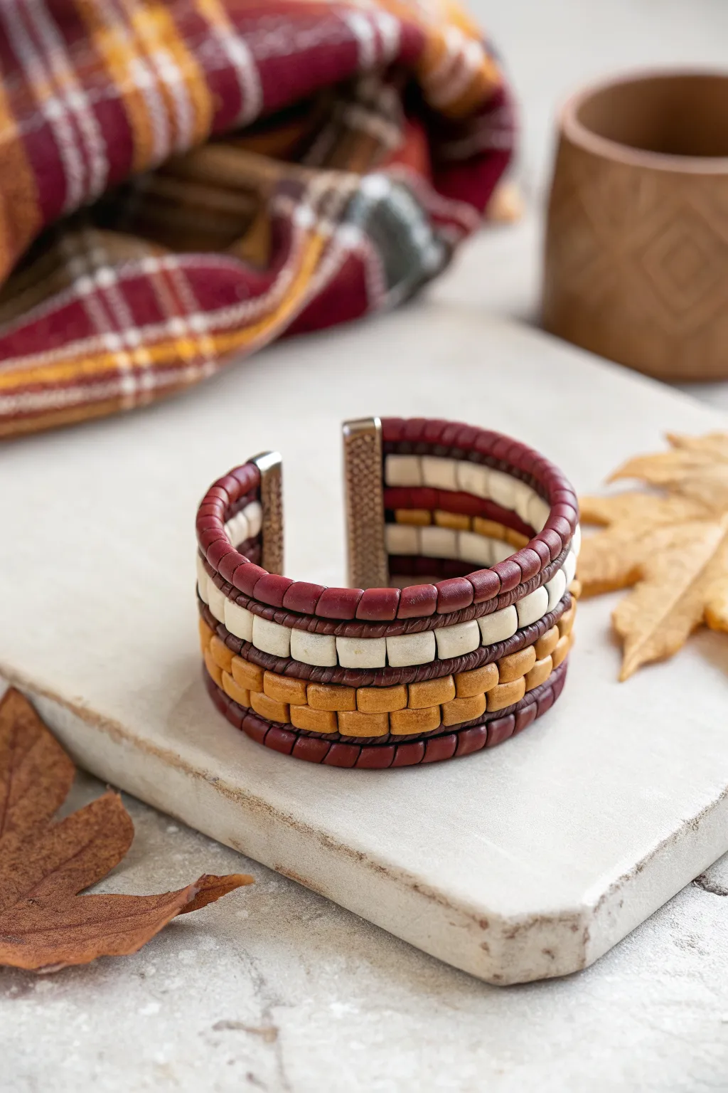 Fall plaid vibes in clay: a simple banded bracelet in burgundy, cream, brown, and mustard.