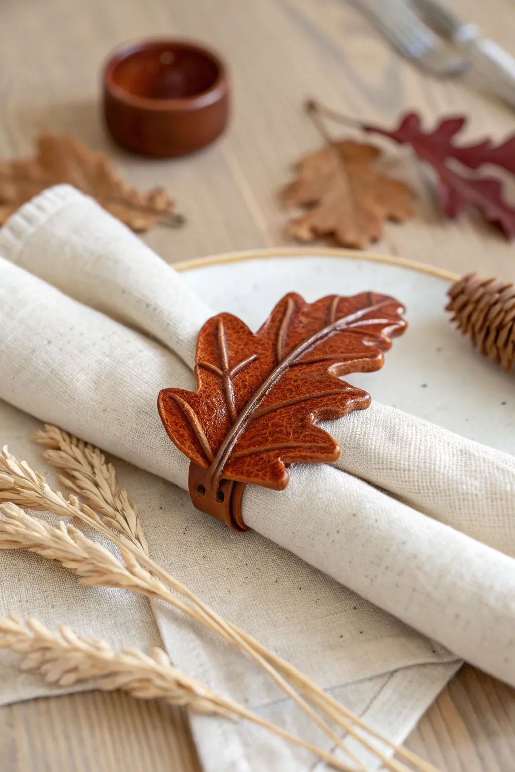 Handmade clay oak leaf napkin ring with linen napkin, warm fall light, minimal boho table mood