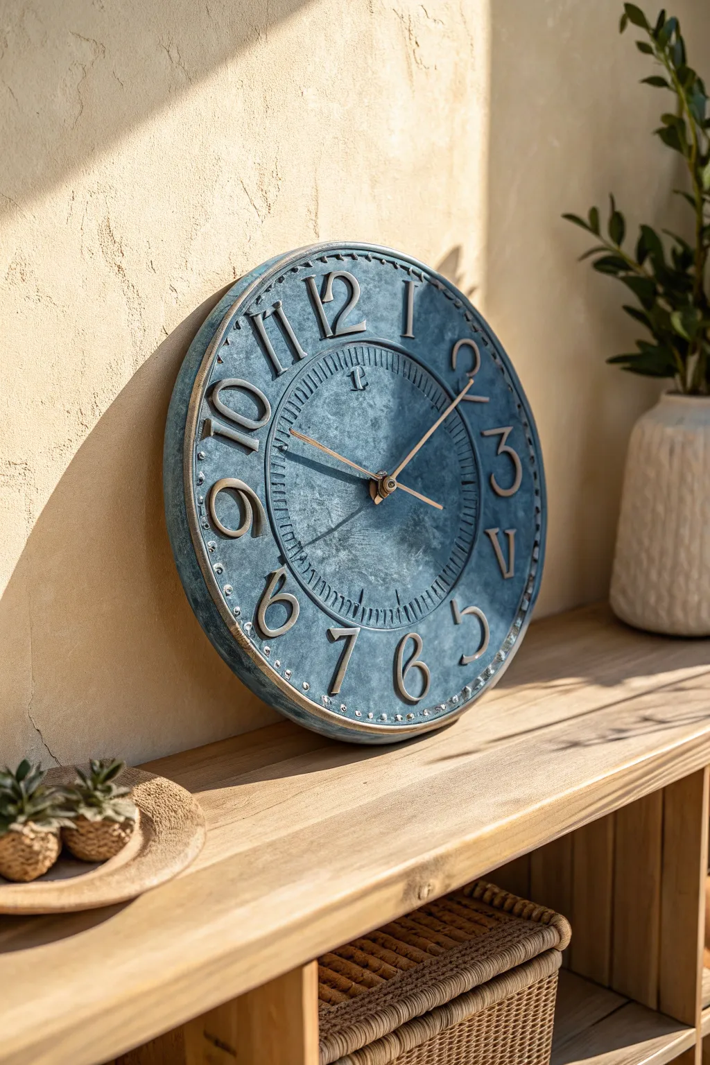 Minimal slab clock face in bold indigo, hand-carved marks and center hole, styled on a neutral wall.