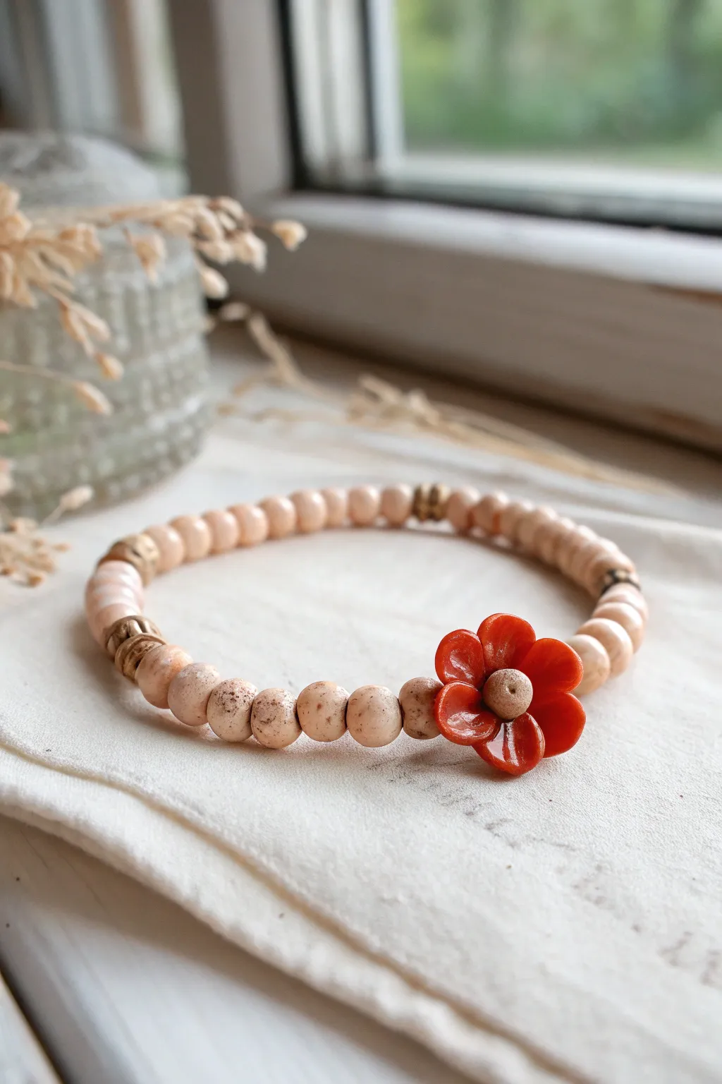 Matte heishi beads meet a glossy flower centerpiece for a soft yet striking handmade look