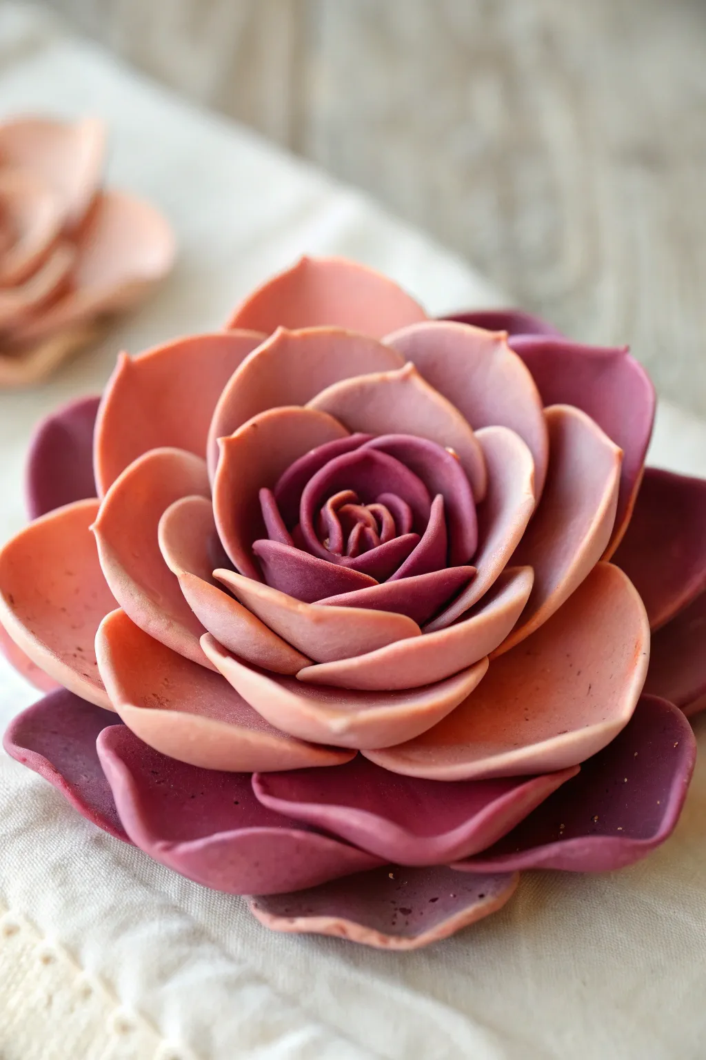 Ombre clay petals fade from bold plum to soft blush, a simple flower with artisan charm