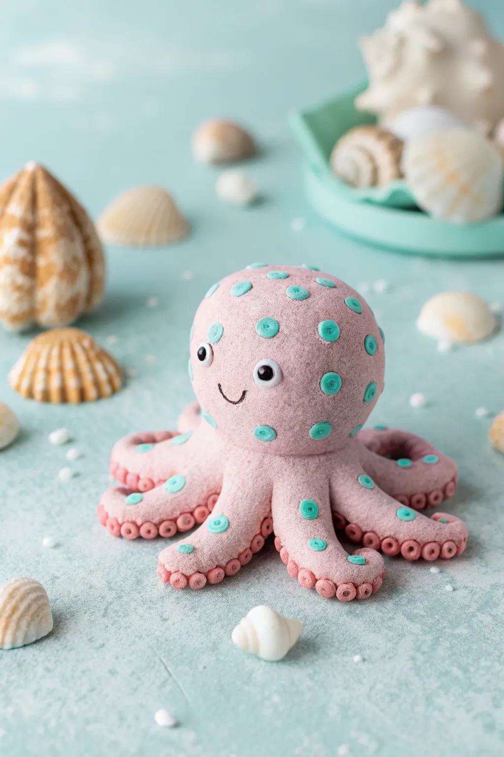 Rounded foam clay octopus in soft pastels on pale blue, minimalist undersea charm.