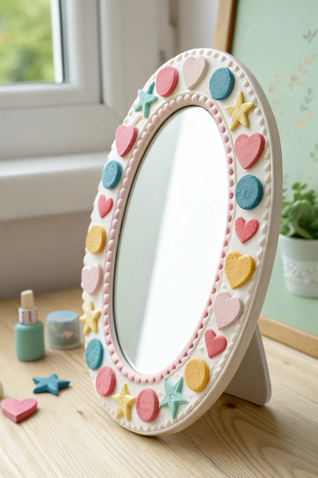 DIY foam clay mirror with puffy hearts and stars, bold colors on a minimalist boho vanity.