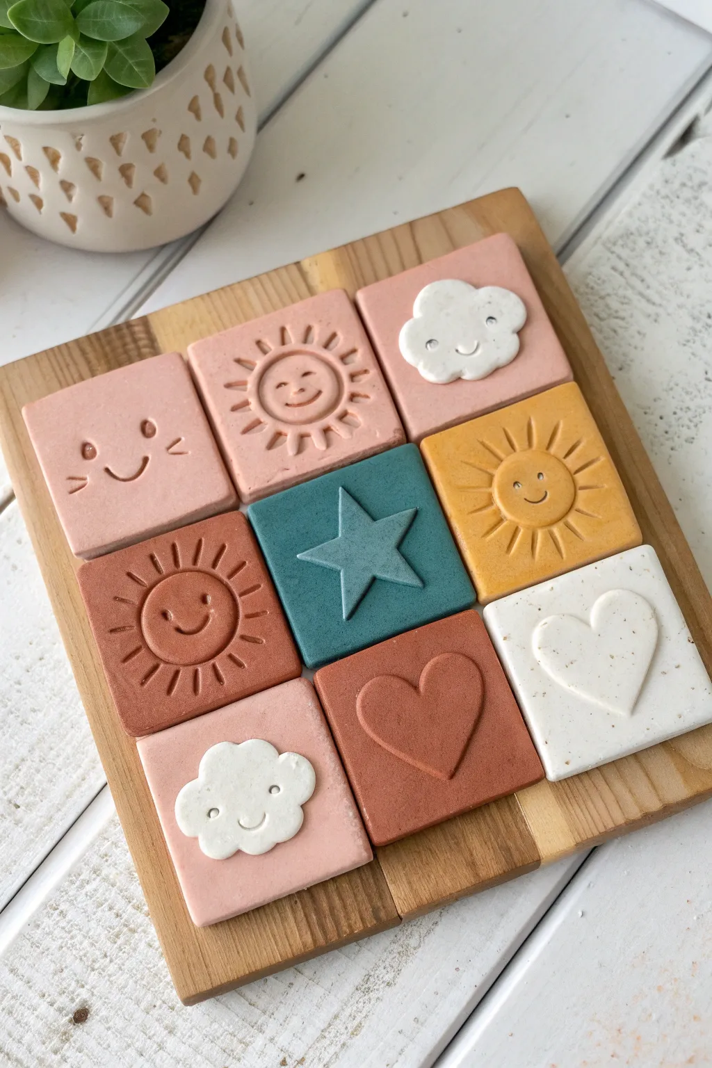 Beginner foam clay tile wall art: a cute 3x3 grid of mini icons in bold, cozy colors