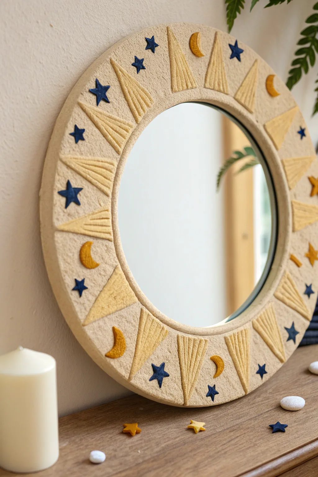 Dreamy foam clay mirror with sunburst rays and moon-and-star accents in bold, cozy colors