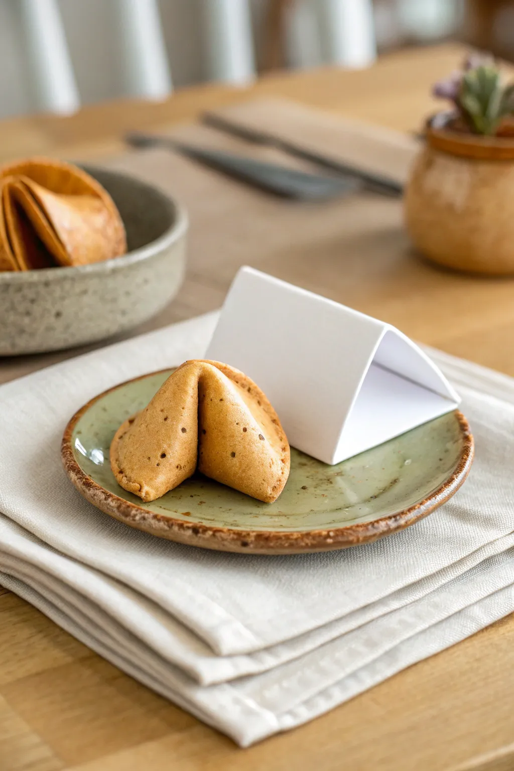 Warm glazed fortune cookie holder that adds handmade charm to a minimal table setting.
