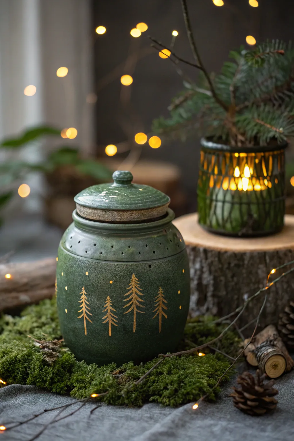 Cozy forest firefly jar in deep greens and warm golden dots, minimalist and handmade