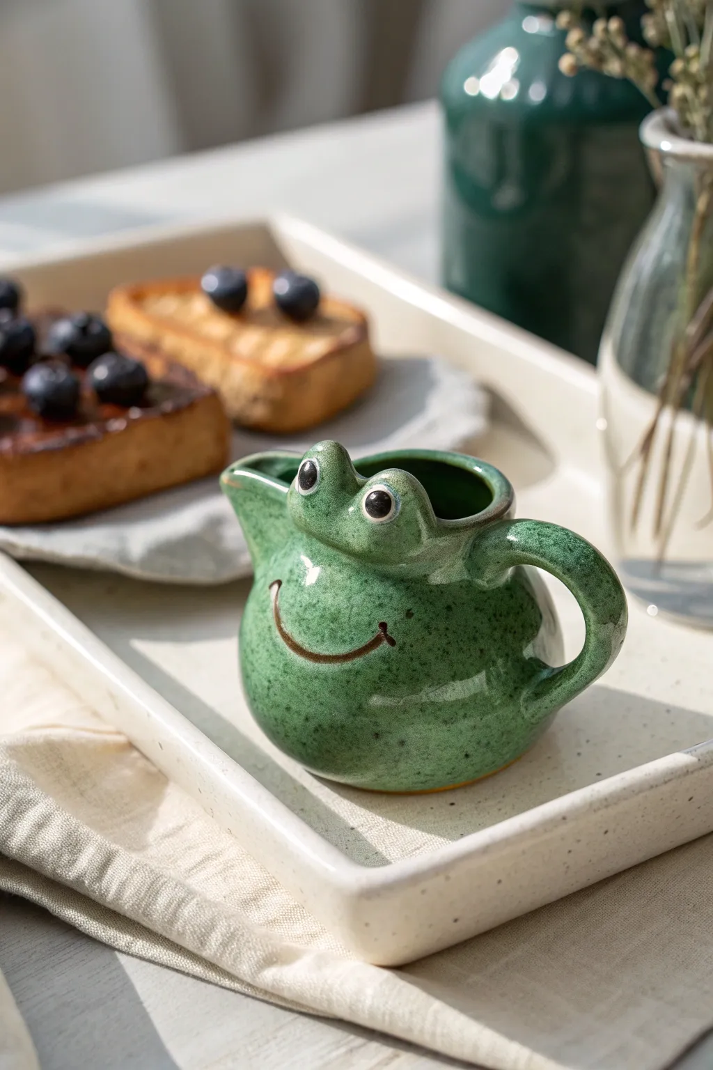Sweet frog creamer with a smiling spout, bold glaze and cozy minimalist breakfast styling.