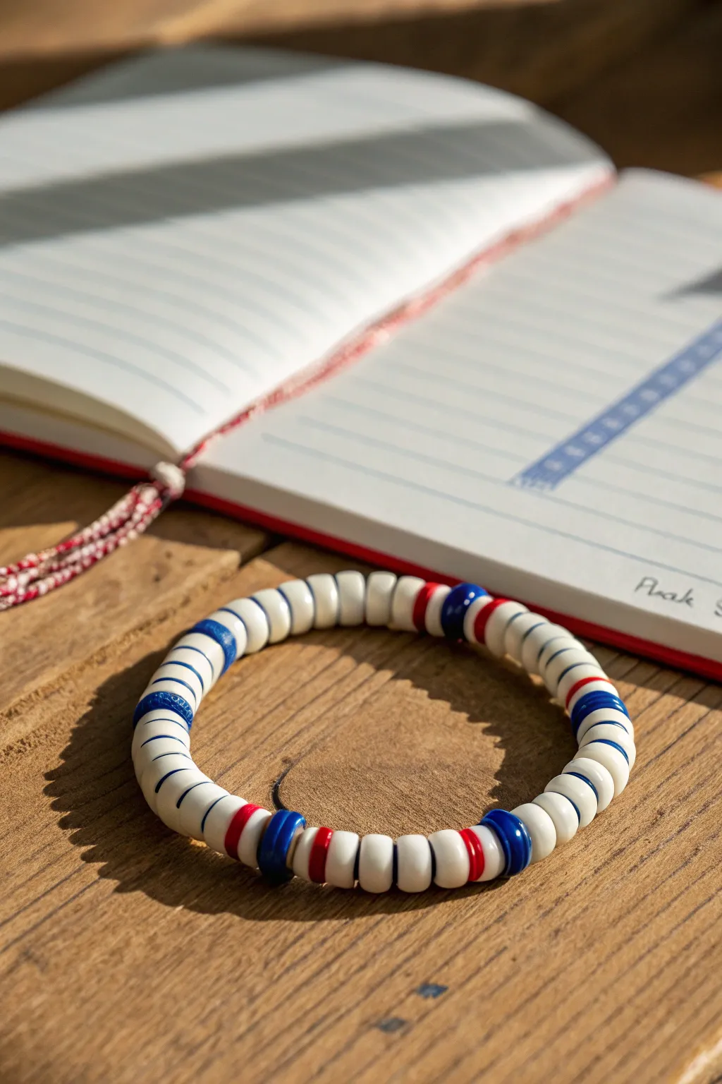 Notebook vibes in beads: crisp white heishi with blue lines and one bold red stripe.