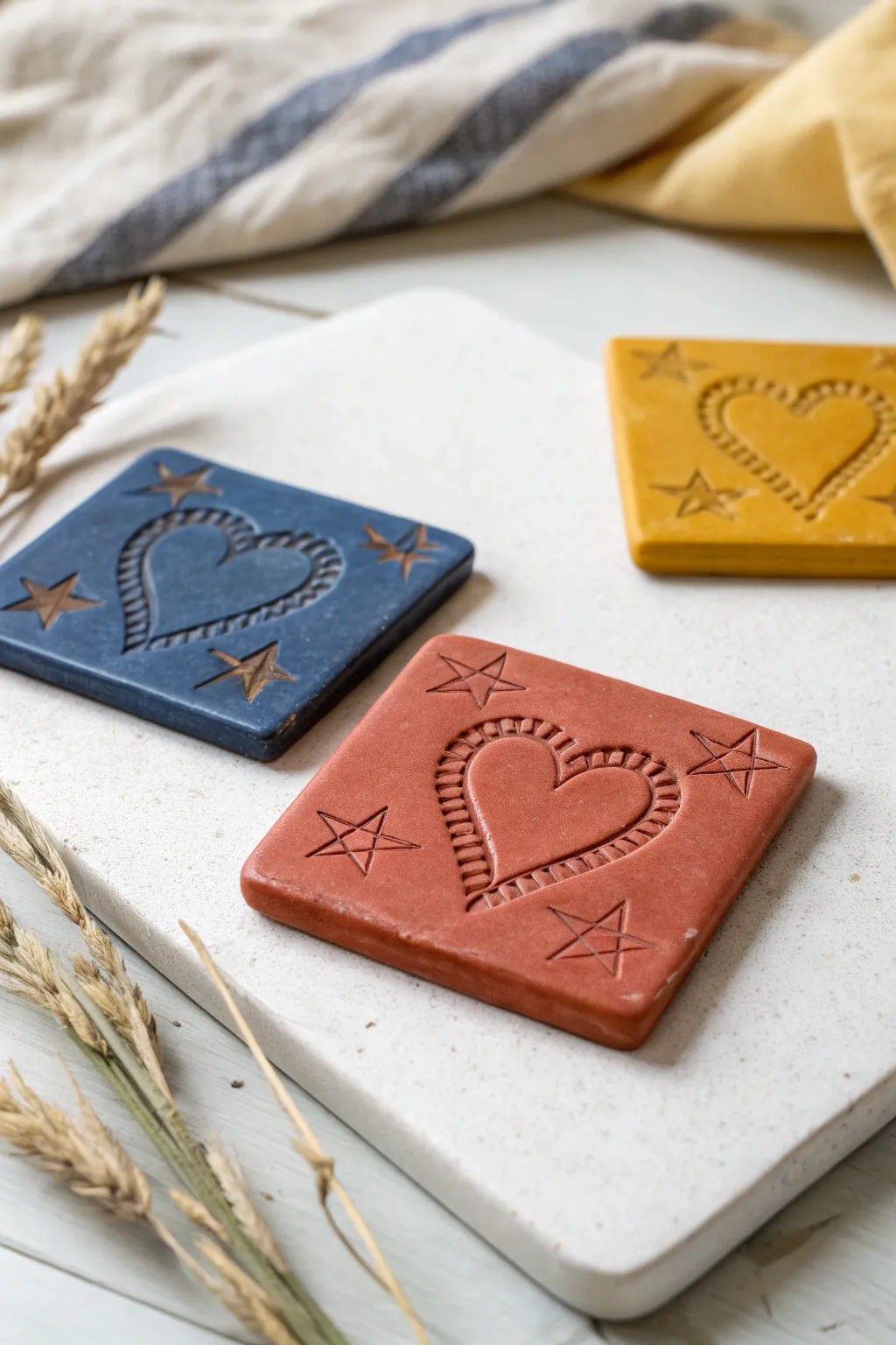 Colorful polymer clay pun tiles with cute stamped icons, styled in minimalist boho contrast.