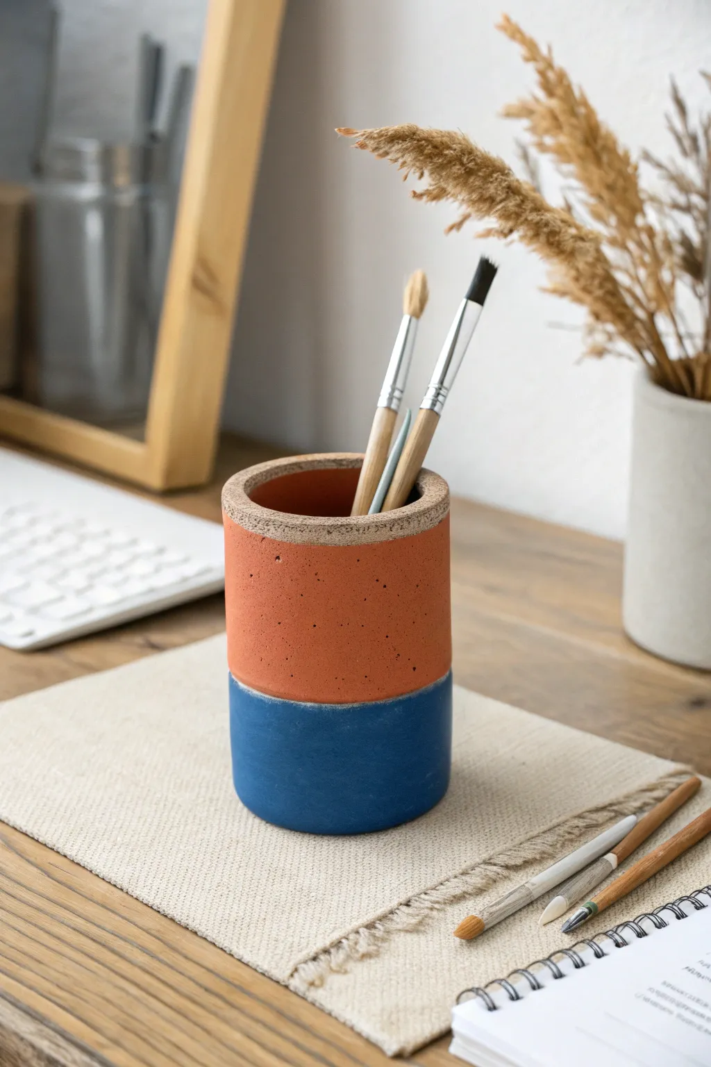 Minimal air dry clay pen cup in terracotta and cobalt, perfect for a calm creative desk